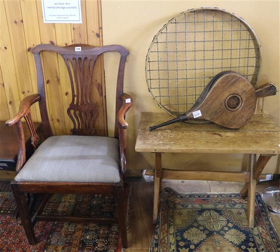 Pr of bellows, arm chair & garden sieve